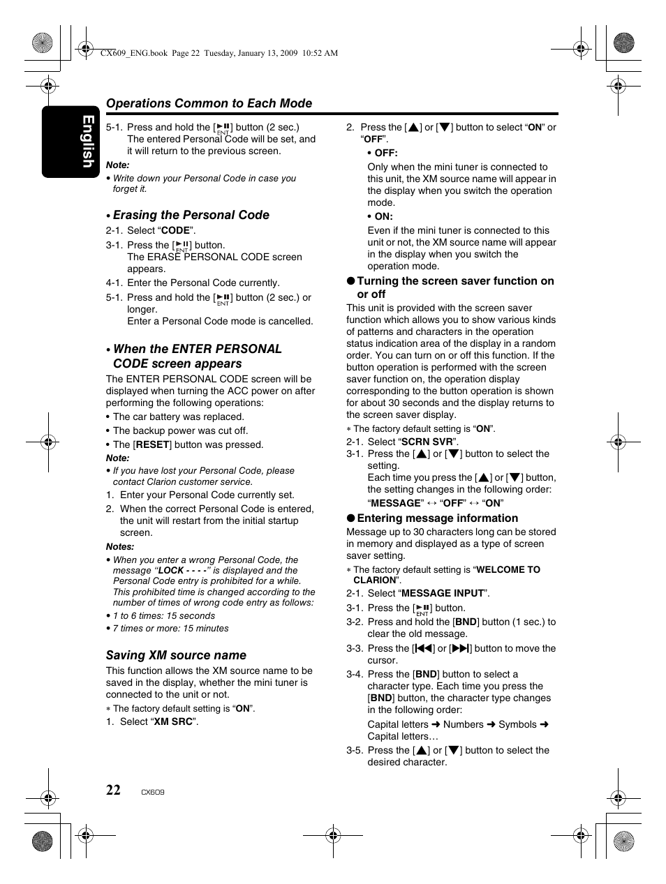 English 22 | Clarion CX609 User Manual | Page 22 / 38