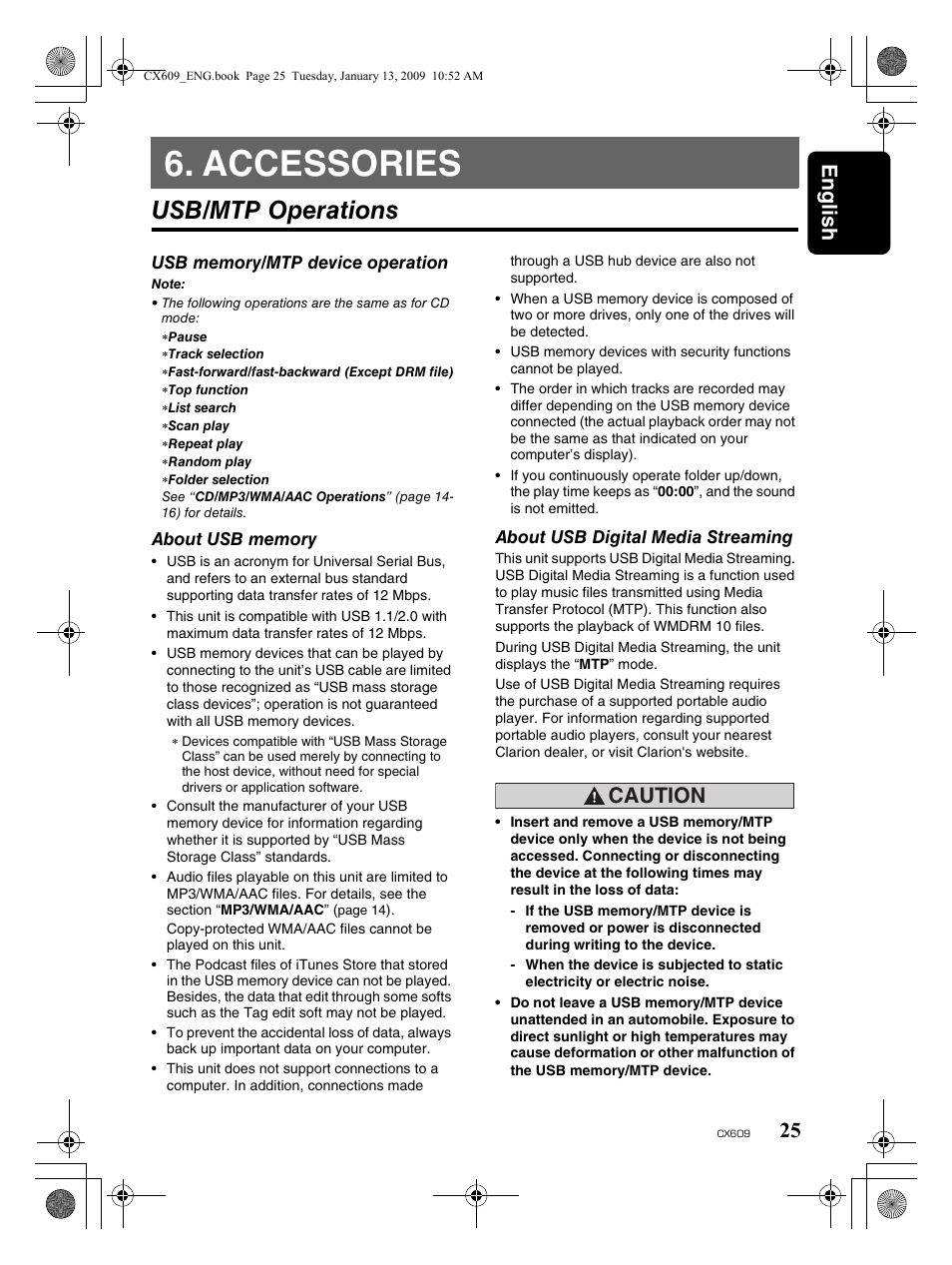 Accessories, Usb/mtp operations, English 25 | Caution | Clarion CX609 User Manual | Page 25 / 38