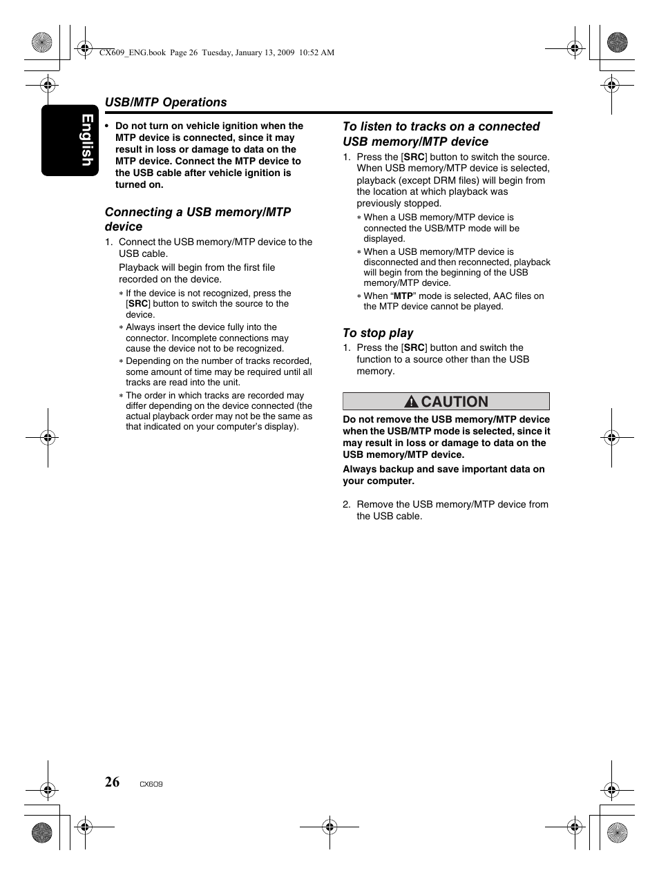 English 26, Caution | Clarion CX609 User Manual | Page 26 / 38