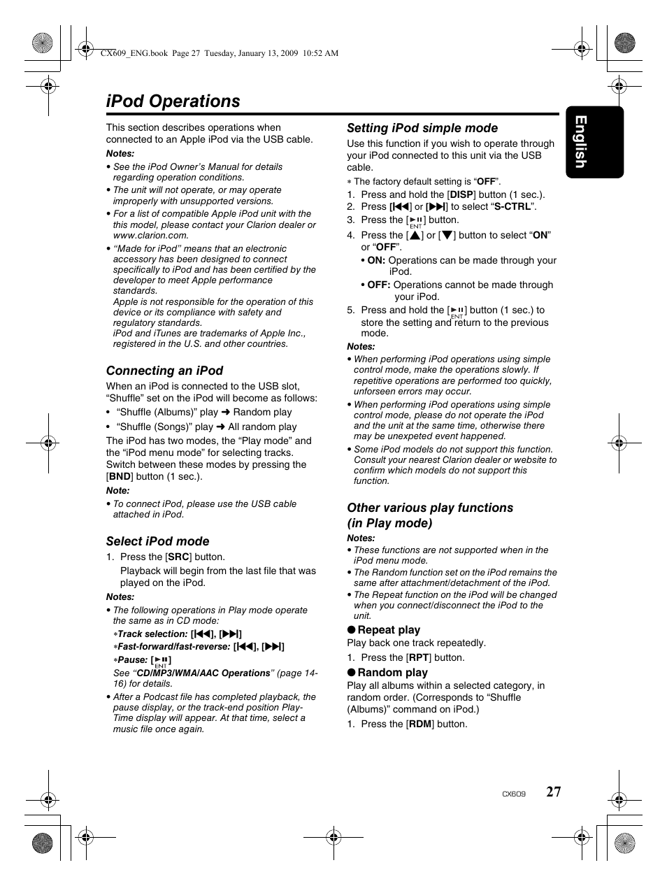 Ipod operations, English 27 | Clarion CX609 User Manual | Page 27 / 38