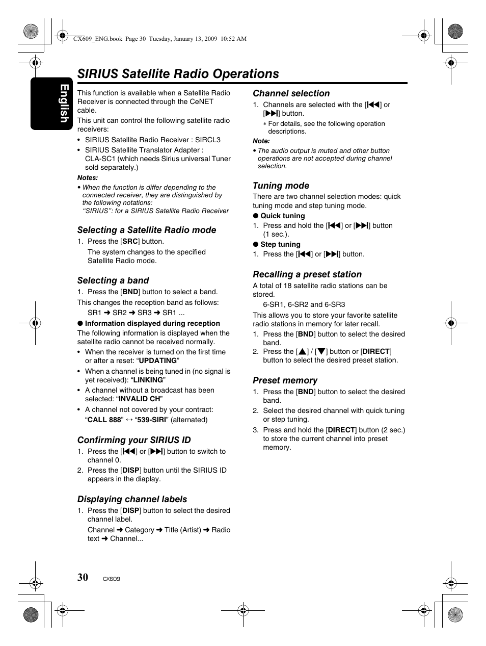 Sirius satellite radio operations, English 30 | Clarion CX609 User Manual | Page 30 / 38