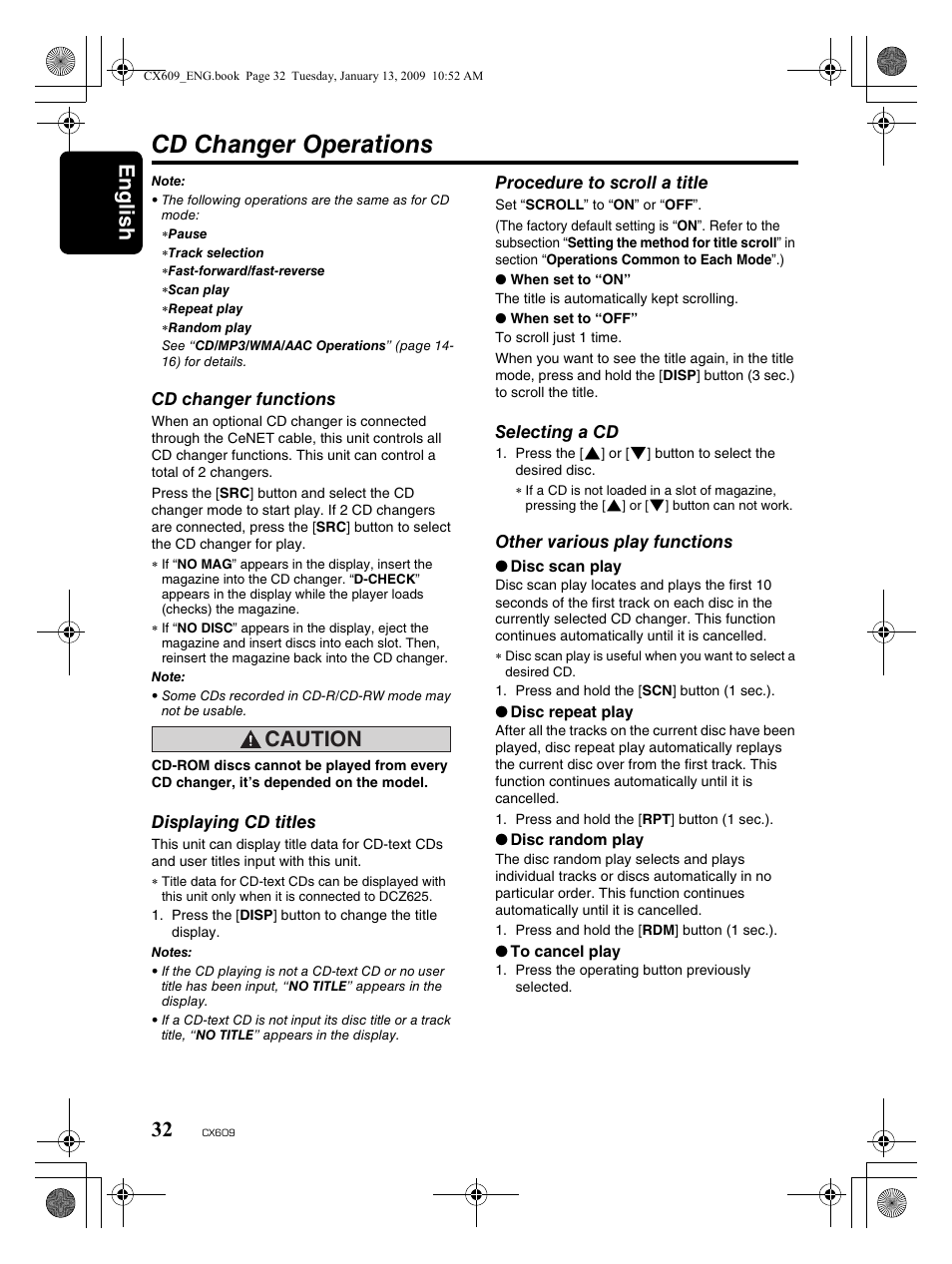 Cd changer operations, English 32, Caution | Clarion CX609 User Manual | Page 32 / 38