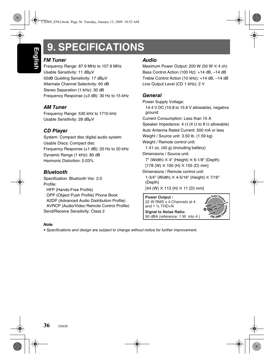 Specifications, English 36 | Clarion CX609 User Manual | Page 36 / 38