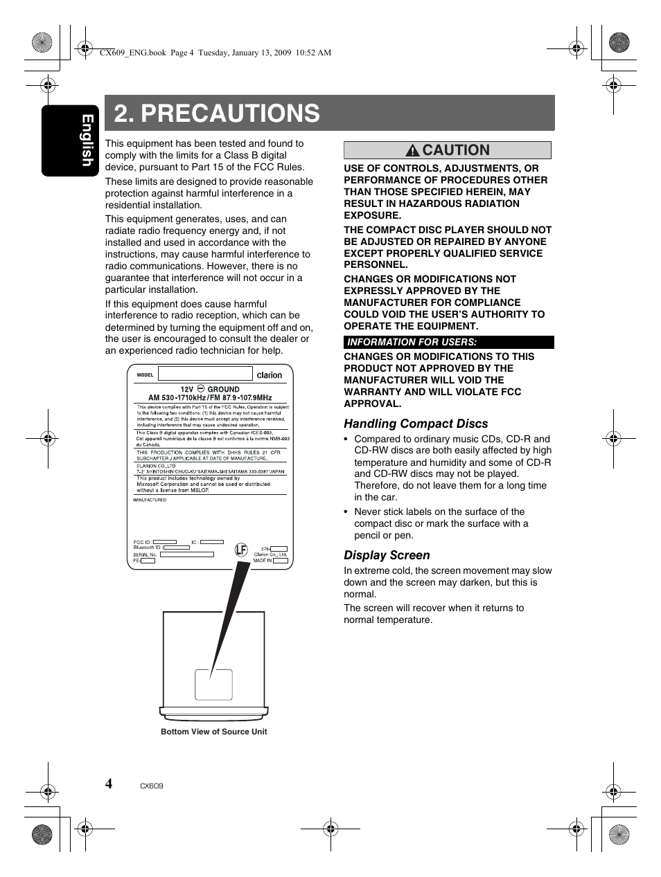 Precautions, English 4, Caution | Clarion CX609 User Manual | Page 4 / 38
