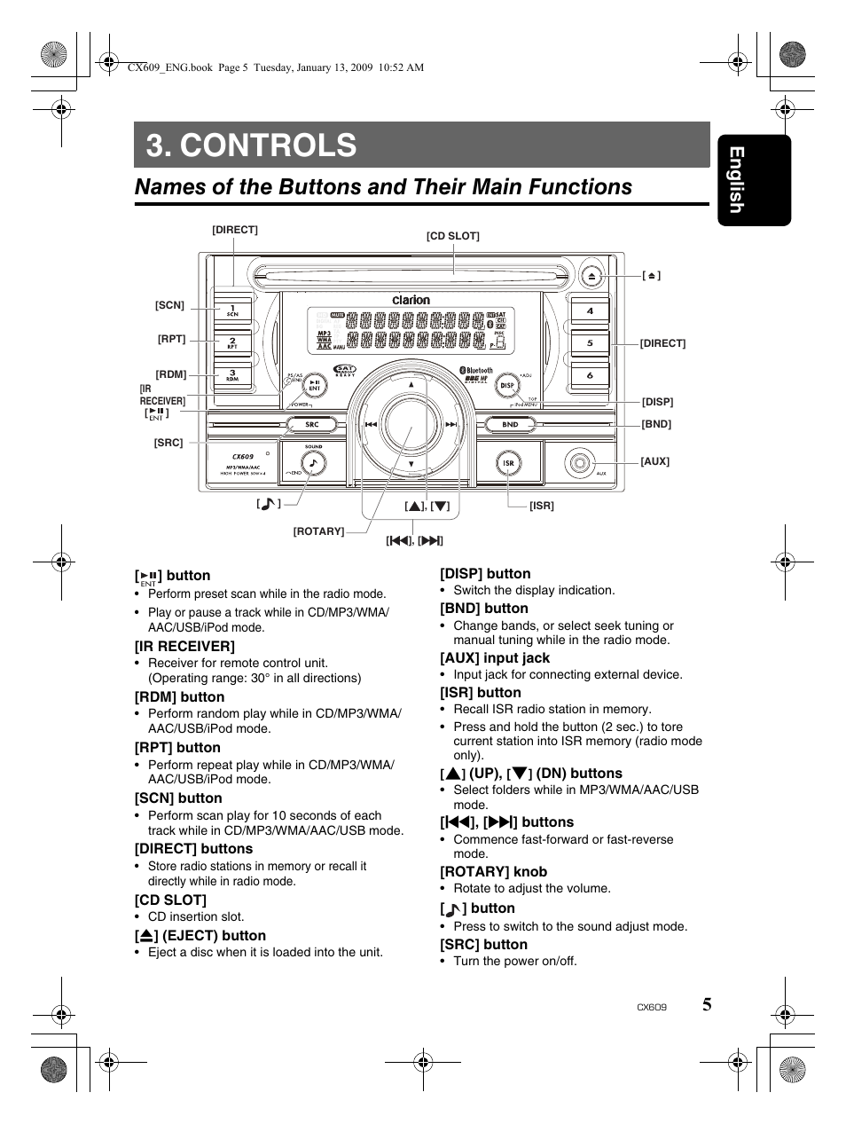 Controls, Names of the buttons and their main functions, English 5 | Clarion CX609 User Manual | Page 5 / 38