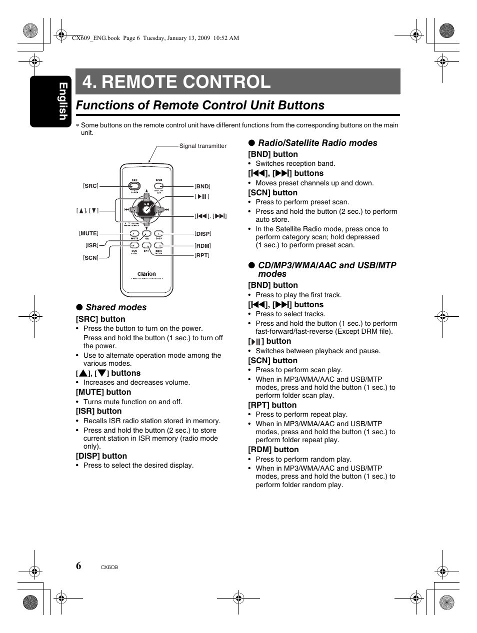 Remote control, Functions of remote control unit buttons, English 6 | Clarion CX609 User Manual | Page 6 / 38