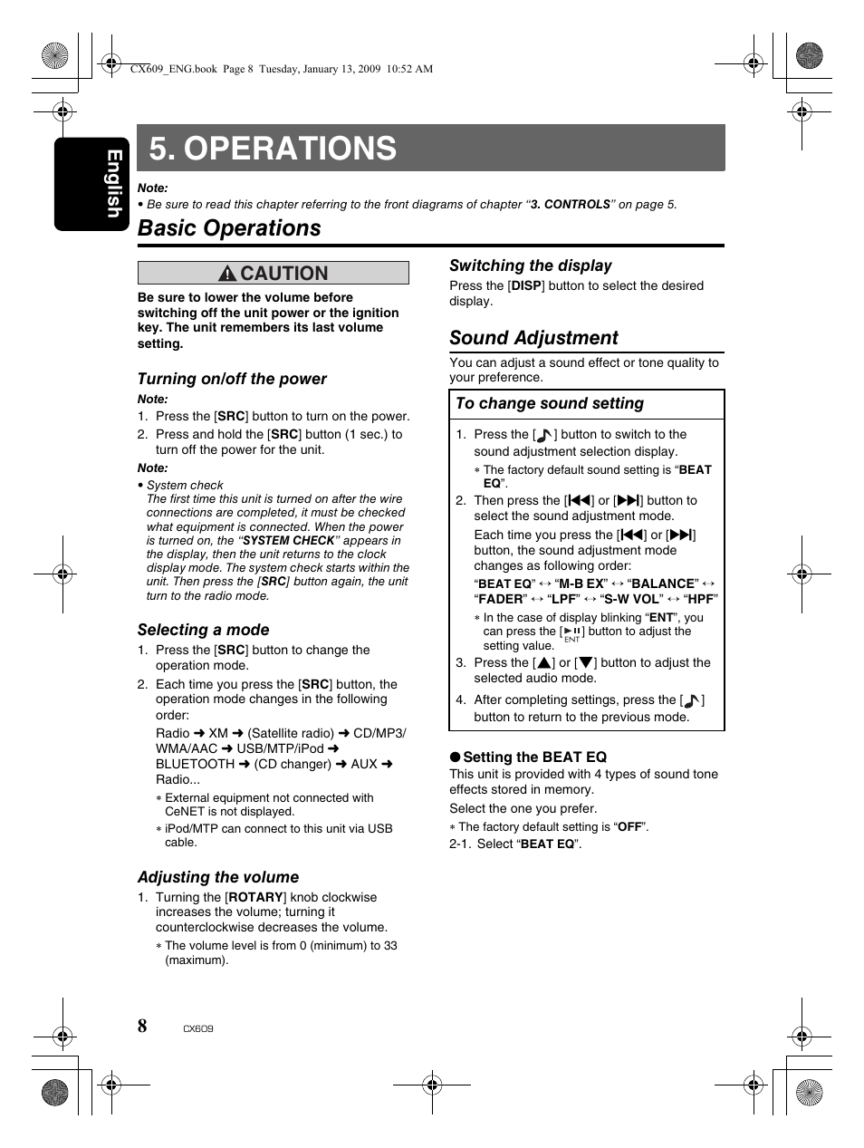 Operations, Basic operations, English 8 | Caution, Sound adjustment | Clarion CX609 User Manual | Page 8 / 38