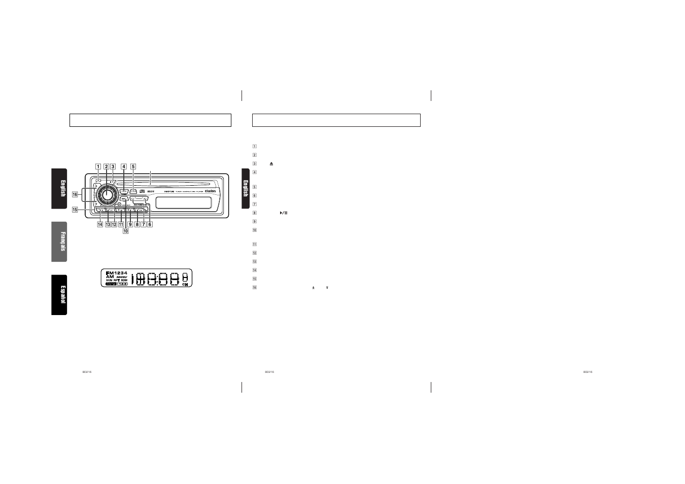 Controls / commandes / controles, Button terminology, English | Clarion BD216 User Manual | Page 2 / 12