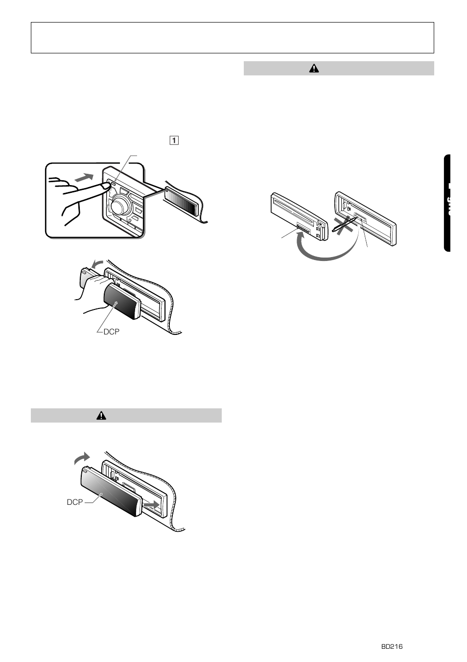 Dcp (detachable control panel), 7e glis, Removing the dcp | Attaching the dcp, Caution | Clarion BD216 User Manual | Page 5 / 12
