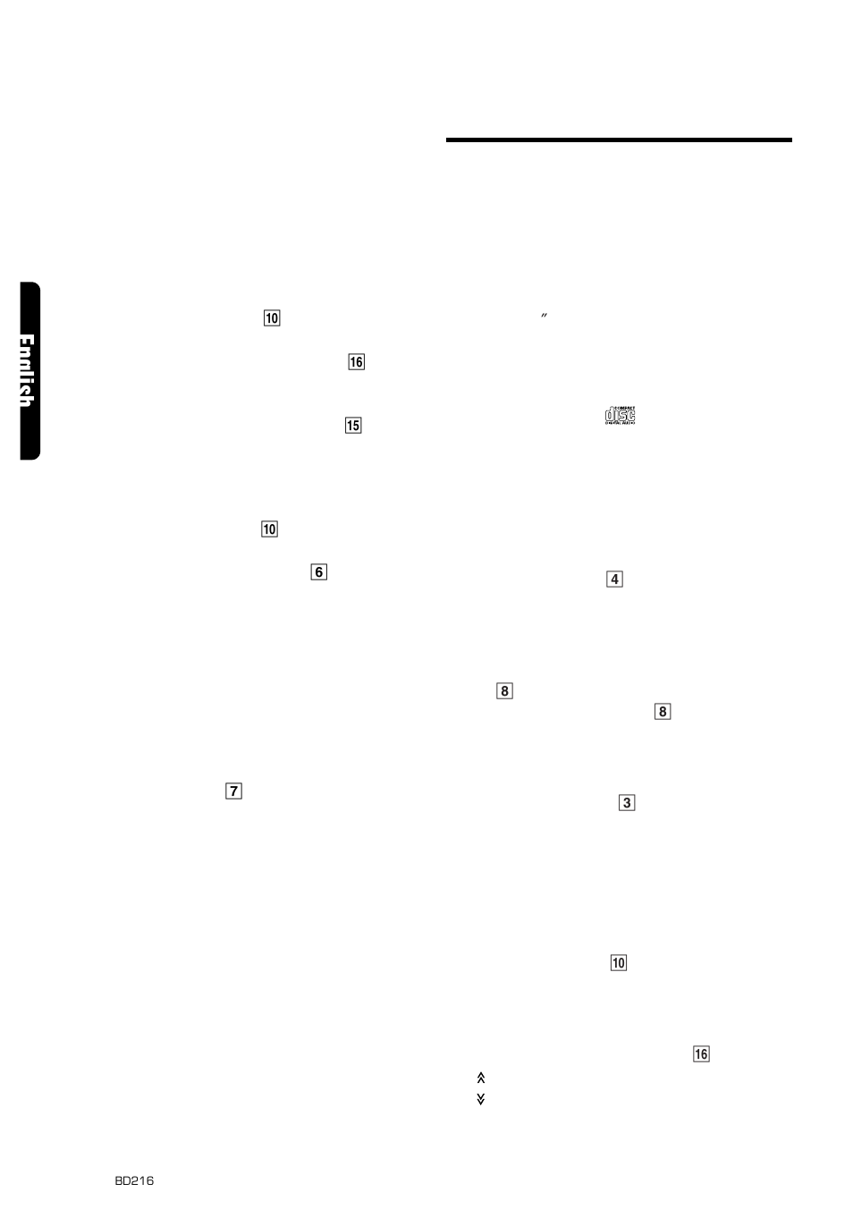 English, Cd mode operations, Preset scanning (preset station scan) | Loading a disc, Listening to the disc already inserted, Stopping (pausing) playback, Ejecting the cd, Top function, Selecting tracks (songs) | Clarion BD216 User Manual | Page 8 / 12