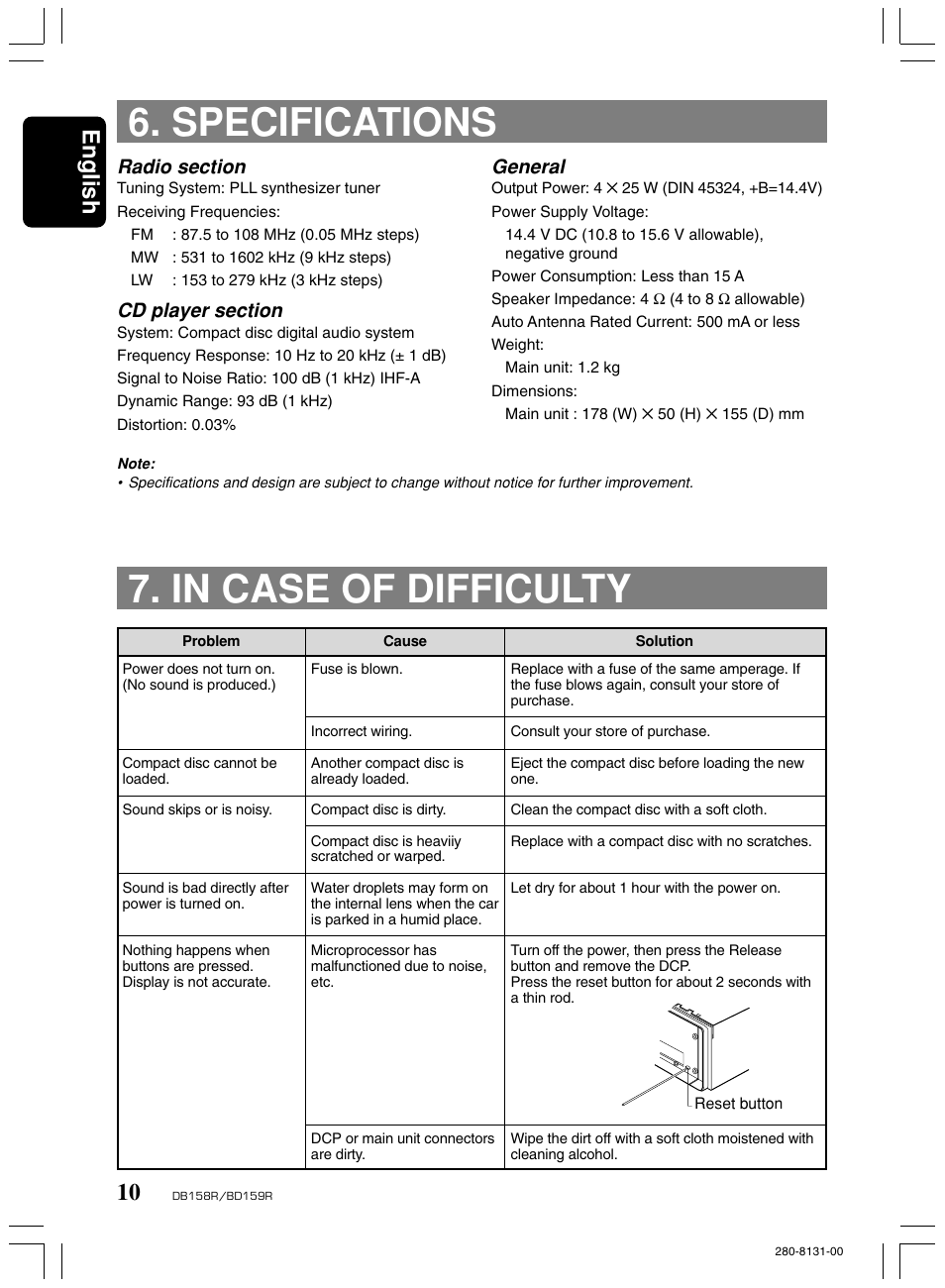 Specifications, In case of difficulty, English | General | Clarion BD159RG User Manual | Page 10 / 12