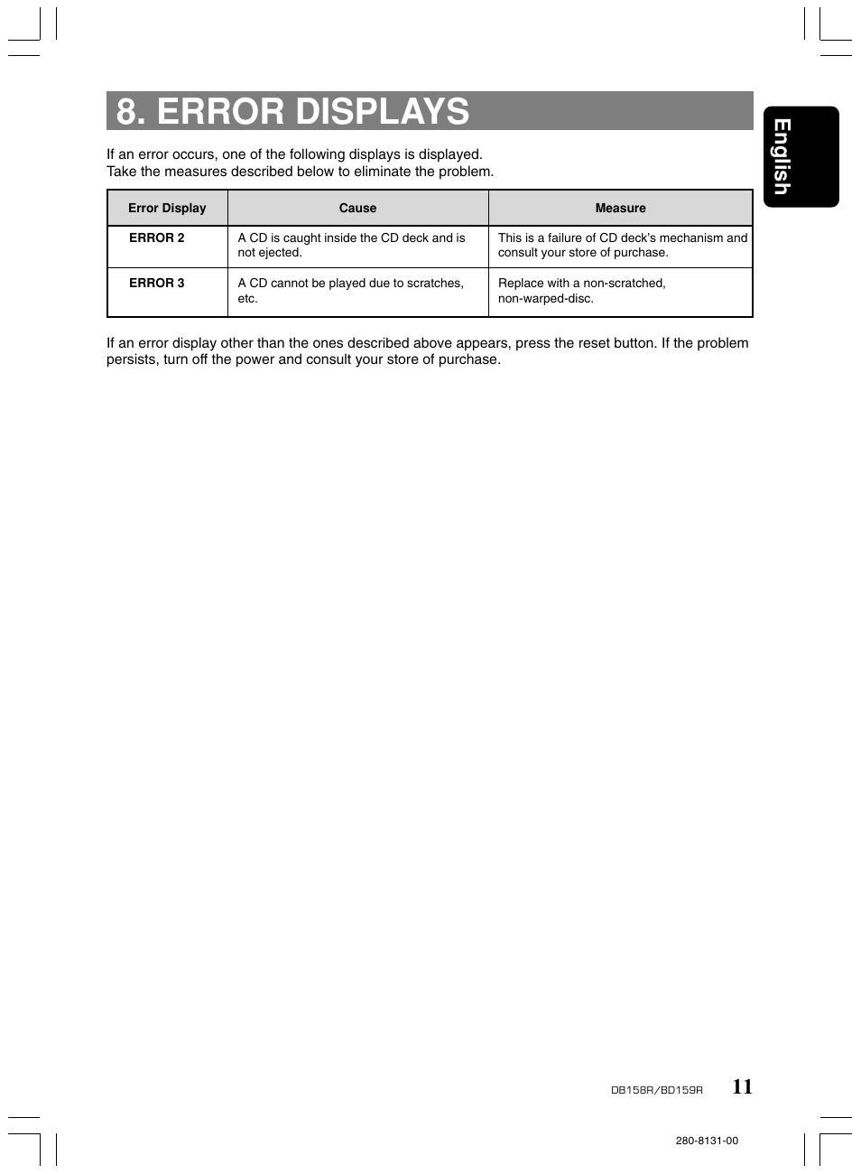 Error displays, English | Clarion BD159RG User Manual | Page 11 / 12