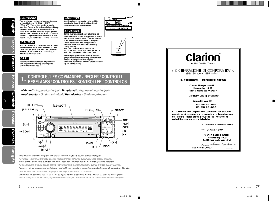 Controls, Controls / les commandes / regler / controlli, Regelaars / controles / kontroller / controlos | Clarion BD159RG User Manual | Page 2 / 12