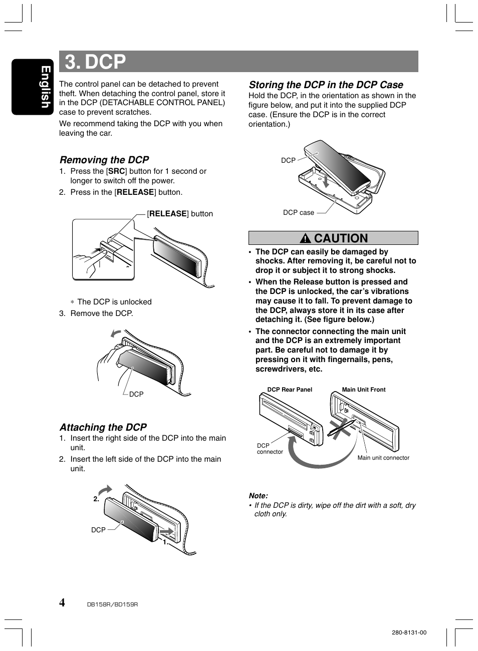 English, Caution, Removing the dcp | Attaching the dcp, Storing the dcp in the dcp case | Clarion BD159RG User Manual | Page 4 / 12