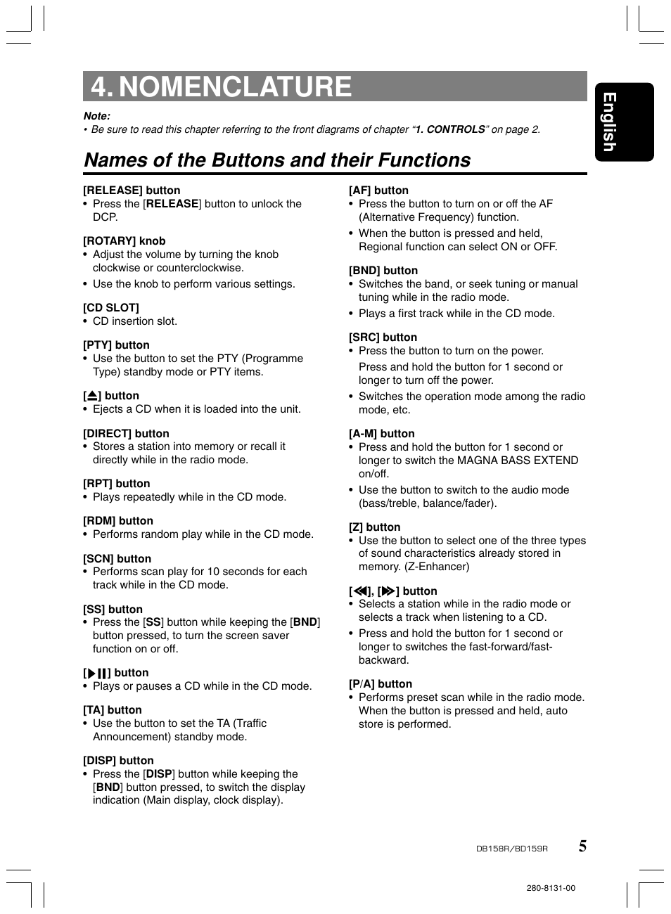Nomenclature, Names of the buttons and their functions, English | Clarion BD159RG User Manual | Page 5 / 12