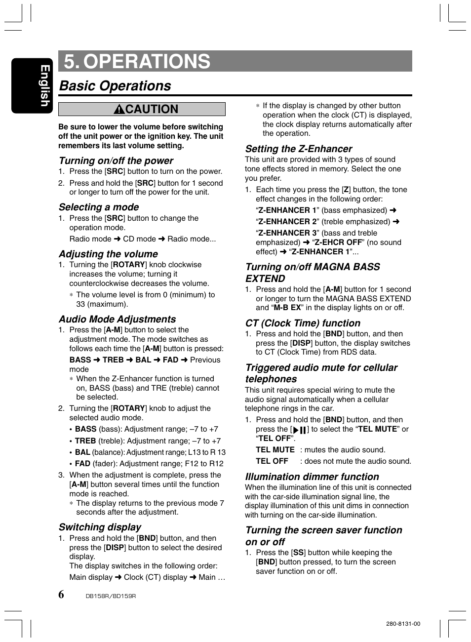 Operations, Basic operations, English | Caution, Turning on/off the power, Selecting a mode, Adjusting the volume, Audio mode adjustments, Switching display, Setting the z-enhancer | Clarion BD159RG User Manual | Page 6 / 12