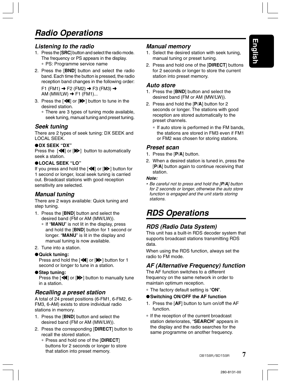 Radio operations, Rds operations, English | Listening to the radio, Seek tuning, Manual tuning, Recalling a preset station, Auto store, Preset scan, Rds (radio data system) | Clarion BD159RG User Manual | Page 7 / 12