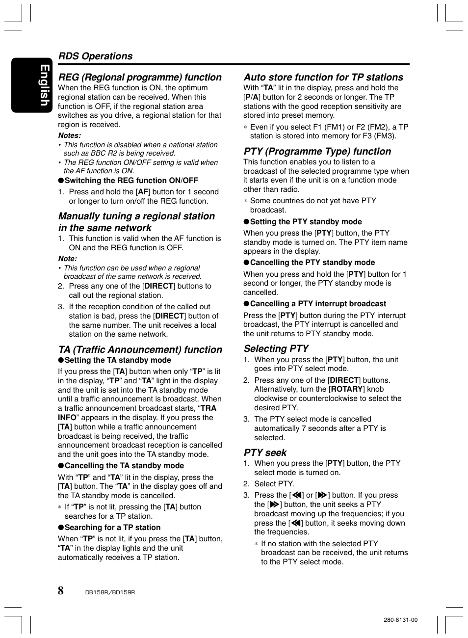 English, Reg (regional programme) function, Ta (traffic announcement) function | Rds operations auto store function for tp stations, Pty (programme type) function, Selecting pty, Pty seek | Clarion BD159RG User Manual | Page 8 / 12