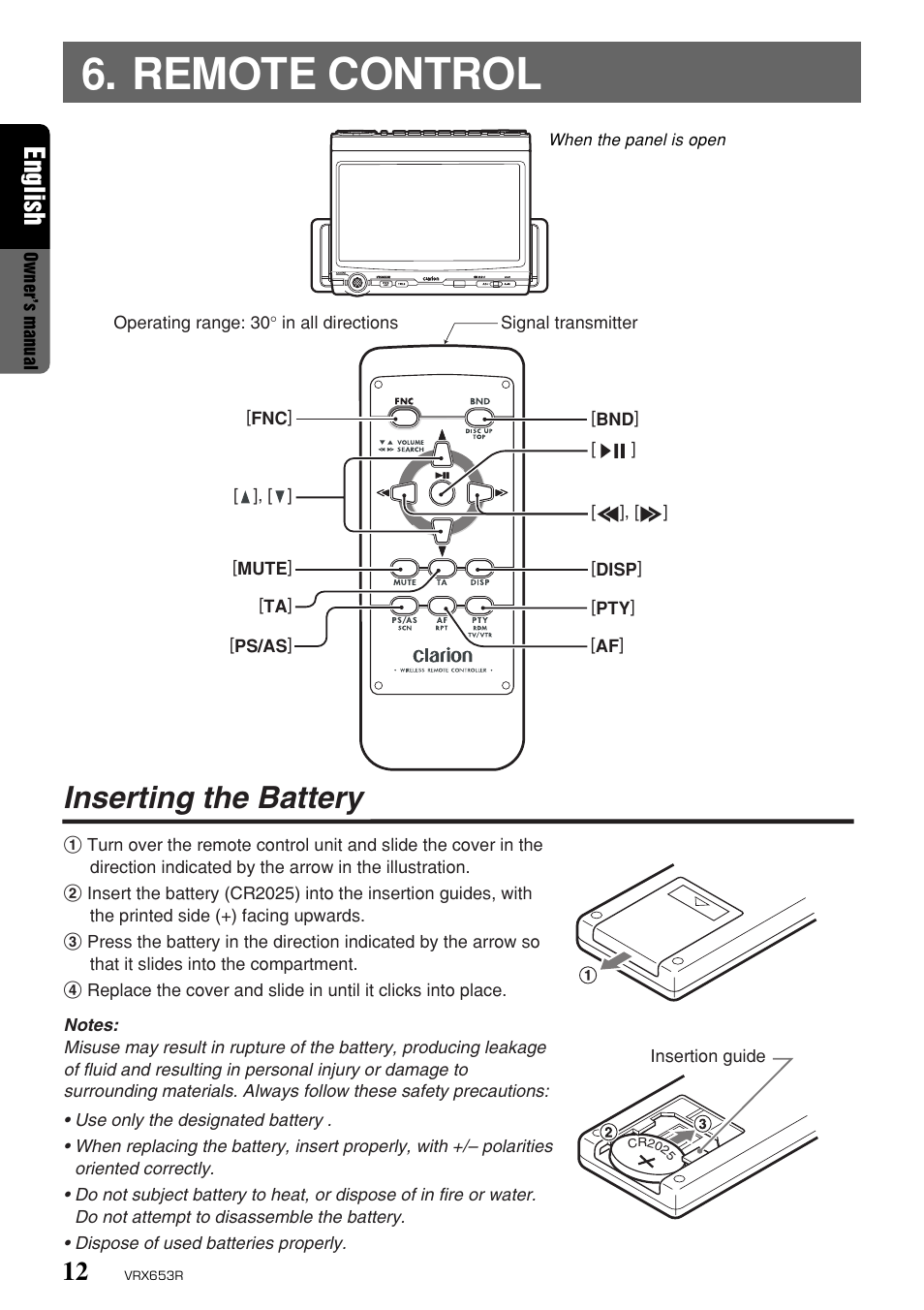 Remote control, Inserting the battery, English | Clarion VRX653R User Manual | Page 10 / 53