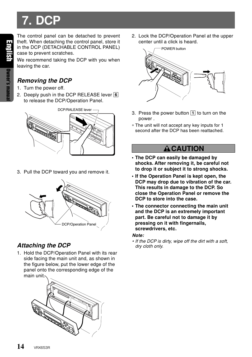 English, Caution, Removing the dcp | Attaching the dcp | Clarion VRX653R User Manual | Page 12 / 53