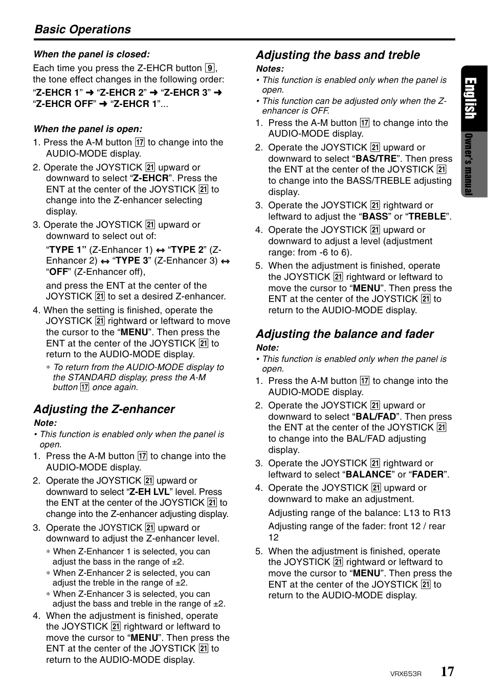 17 english, Basic operations, Adjusting the z-enhancer | Adjusting the bass and treble, Adjusting the balance and fader | Clarion VRX653R User Manual | Page 15 / 53