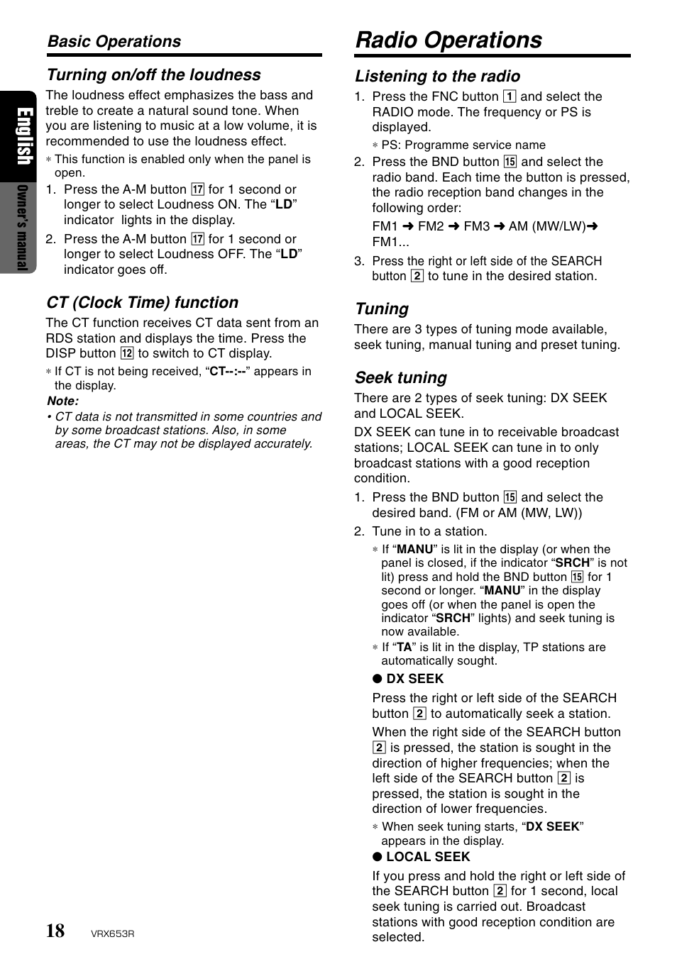 Radio operations, English, Turning on/off the loudness | Ct (clock time) function, Basic operations, Listening to the radio, Tuning, Seek tuning | Clarion VRX653R User Manual | Page 16 / 53