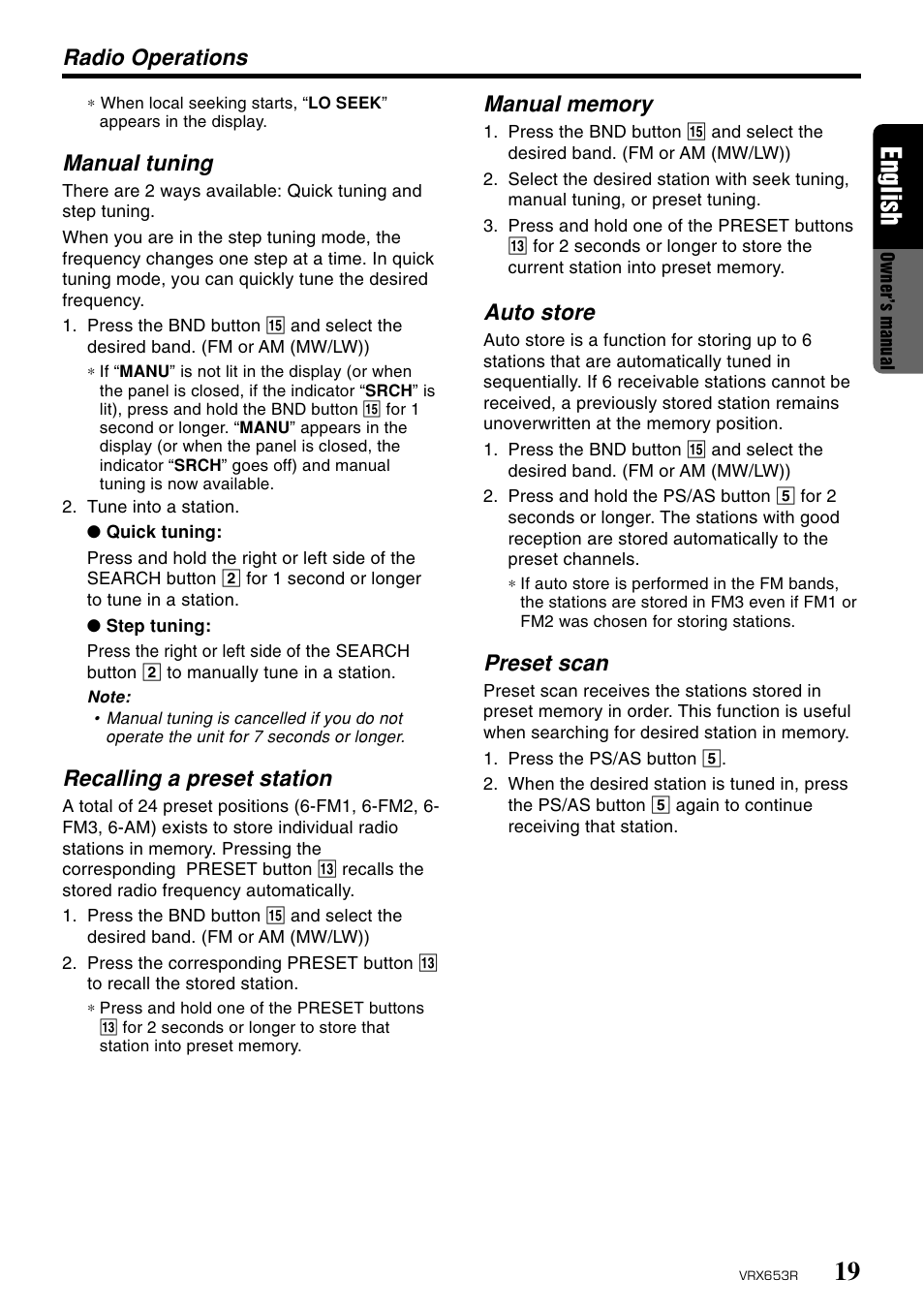 19 english, Radio operations, Manual tuning | Recalling a preset station, Auto store, Preset scan | Clarion VRX653R User Manual | Page 17 / 53