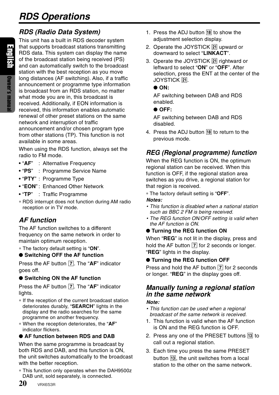 Rds operations, English, Rds (radio data system) | Af function, Reg (regional programme) function | Clarion VRX653R User Manual | Page 18 / 53