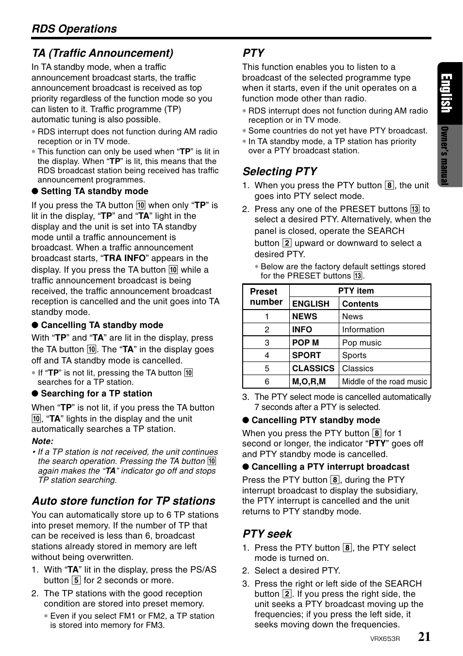 21 english, Ta (traffic announcement), Auto store function for tp stations | Selecting pty, Pty seek, Rds operations | Clarion VRX653R User Manual | Page 19 / 53
