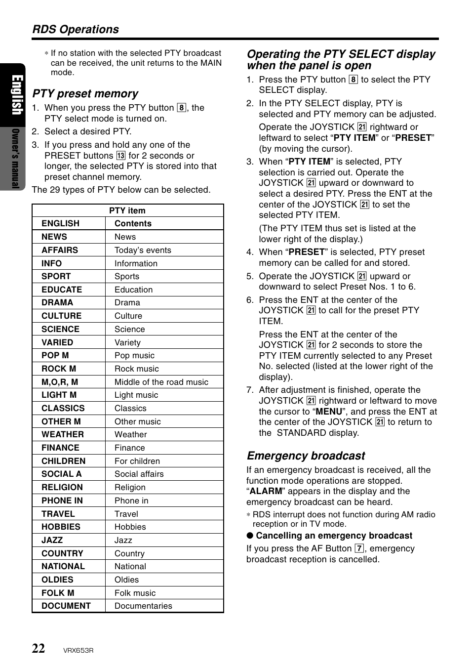 English, Emergency broadcast, Rds operations | Clarion VRX653R User Manual | Page 20 / 53