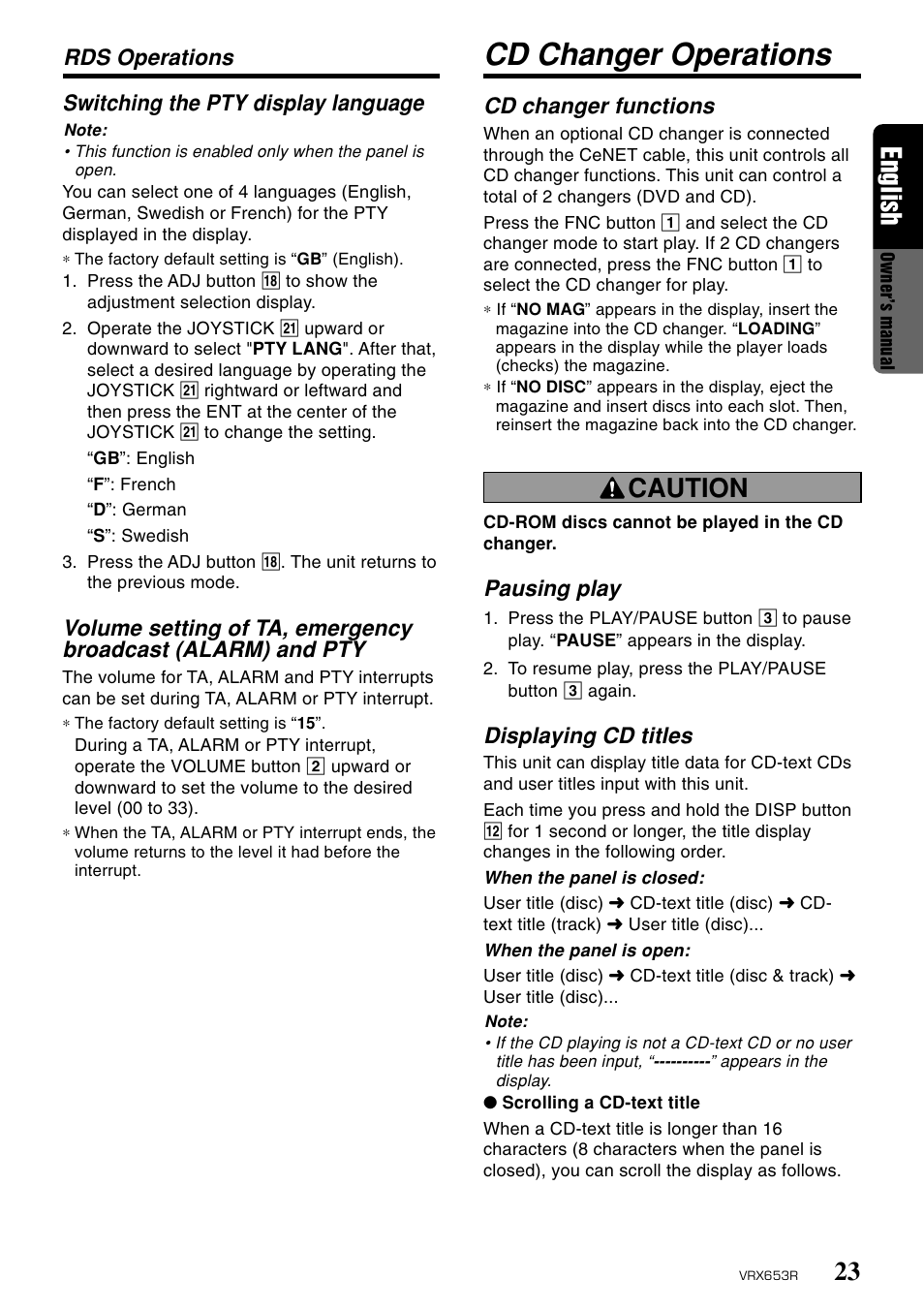 Cd changer operations, 23 english, Caution | Cd changer functions, Pausing play, Displaying cd titles, Switching the pty display language, Rds operations | Clarion VRX653R User Manual | Page 21 / 53