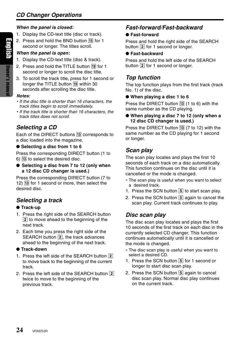 English, Selecting a cd, Selecting a track | Cd changer operations fast-forward/fast-backward, Top function, Scan play, Disc scan play | Clarion VRX653R User Manual | Page 22 / 53