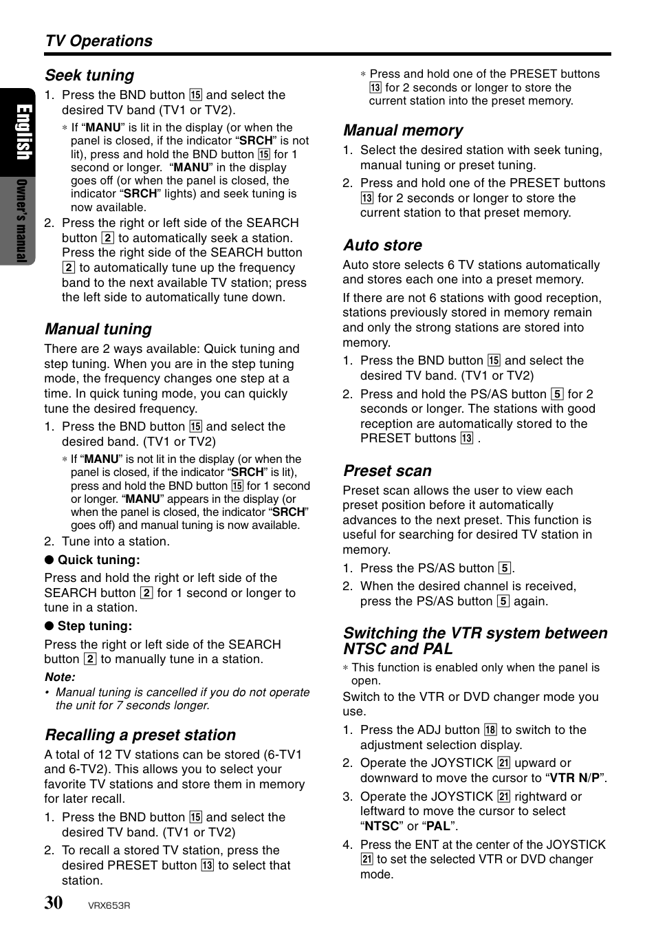 English, Auto store, Preset scan | Switching the vtr system between ntsc and pal, Seek tuning, Manual tuning, Recalling a preset station, Tv operations | Clarion VRX653R User Manual | Page 28 / 53