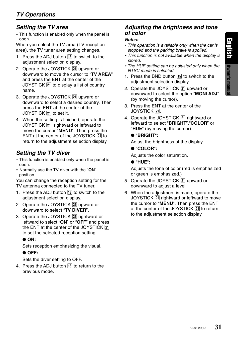31 english, Setting the tv area, Setting the tv diver | Clarion VRX653R User Manual | Page 29 / 53