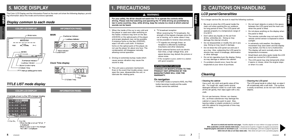Precautions, Cautions on handling, Lcd panel/generalities | Cleaning, Mode display, Title list mode display, Display common to each mode, English, Warning | Clarion VRX653R User Manual | Page 3 / 53
