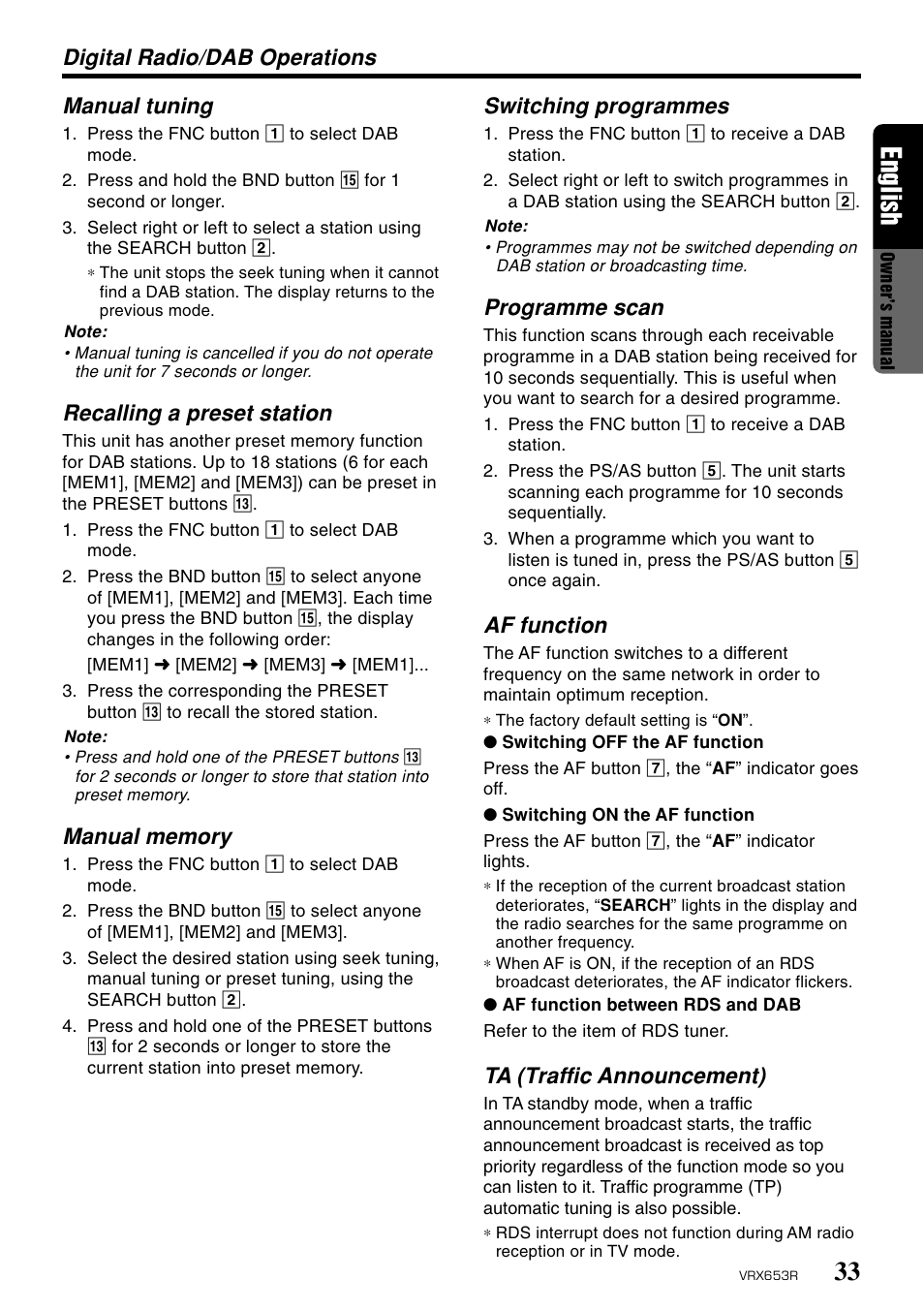 33 english, Manual tuning, Recalling a preset station | Digital radio/dab operations switching programmes, Programme scan, Af function, Ta (traffic announcement) | Clarion VRX653R User Manual | Page 31 / 53