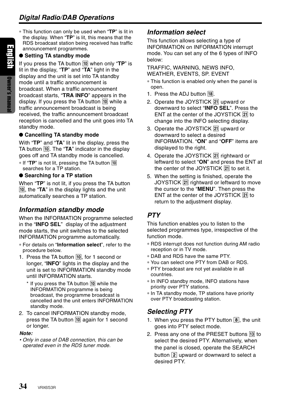 English, Digital radio/dab operations information select, Selecting pty | Information standby mode | Clarion VRX653R User Manual | Page 32 / 53