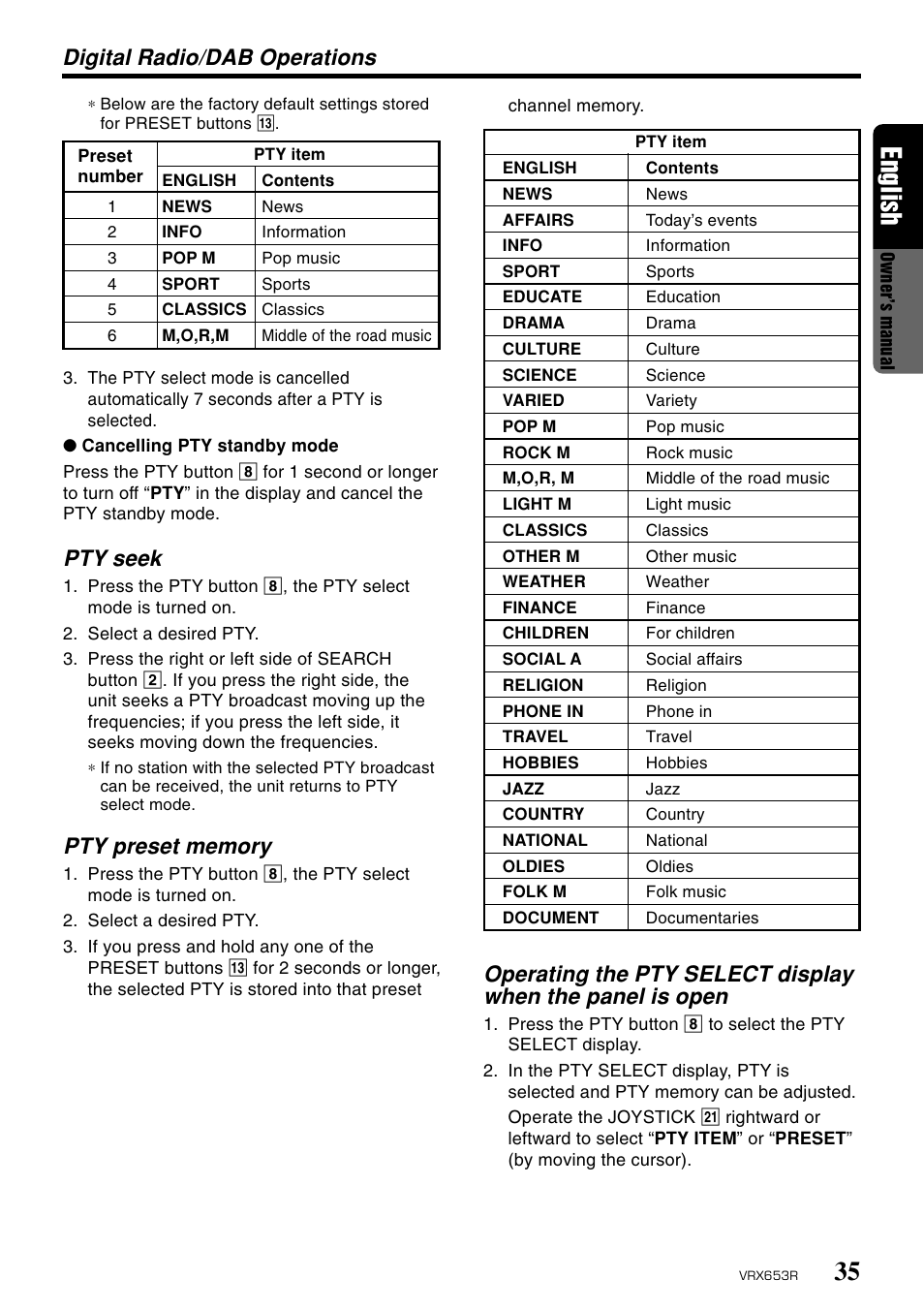 35 english, Pty seek | Clarion VRX653R User Manual | Page 33 / 53