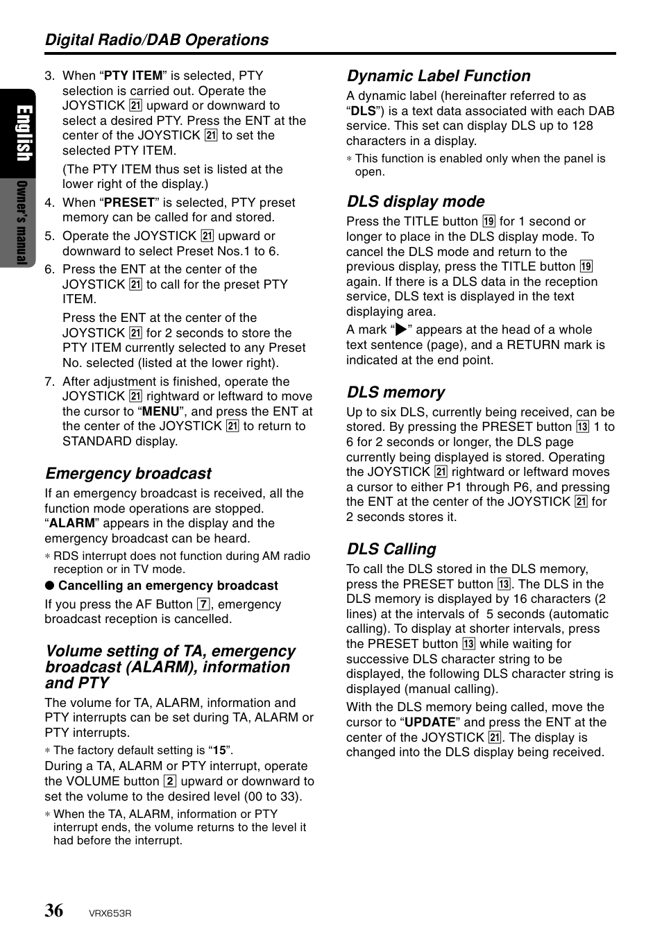 English, Dynamic label function, Dls display mode | Dls calling, Digital radio/dab operations, Emergency broadcast | Clarion VRX653R User Manual | Page 34 / 53