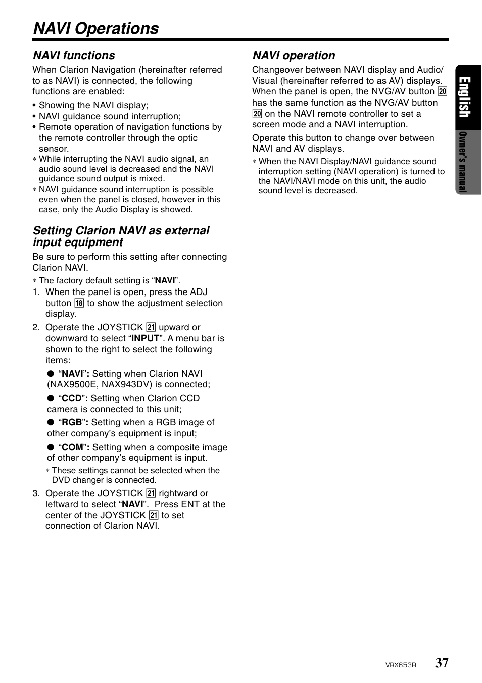 Navi operations, 37 english, Navi functions | Setting clarion navi as external input equipment, Navi operation | Clarion VRX653R User Manual | Page 35 / 53