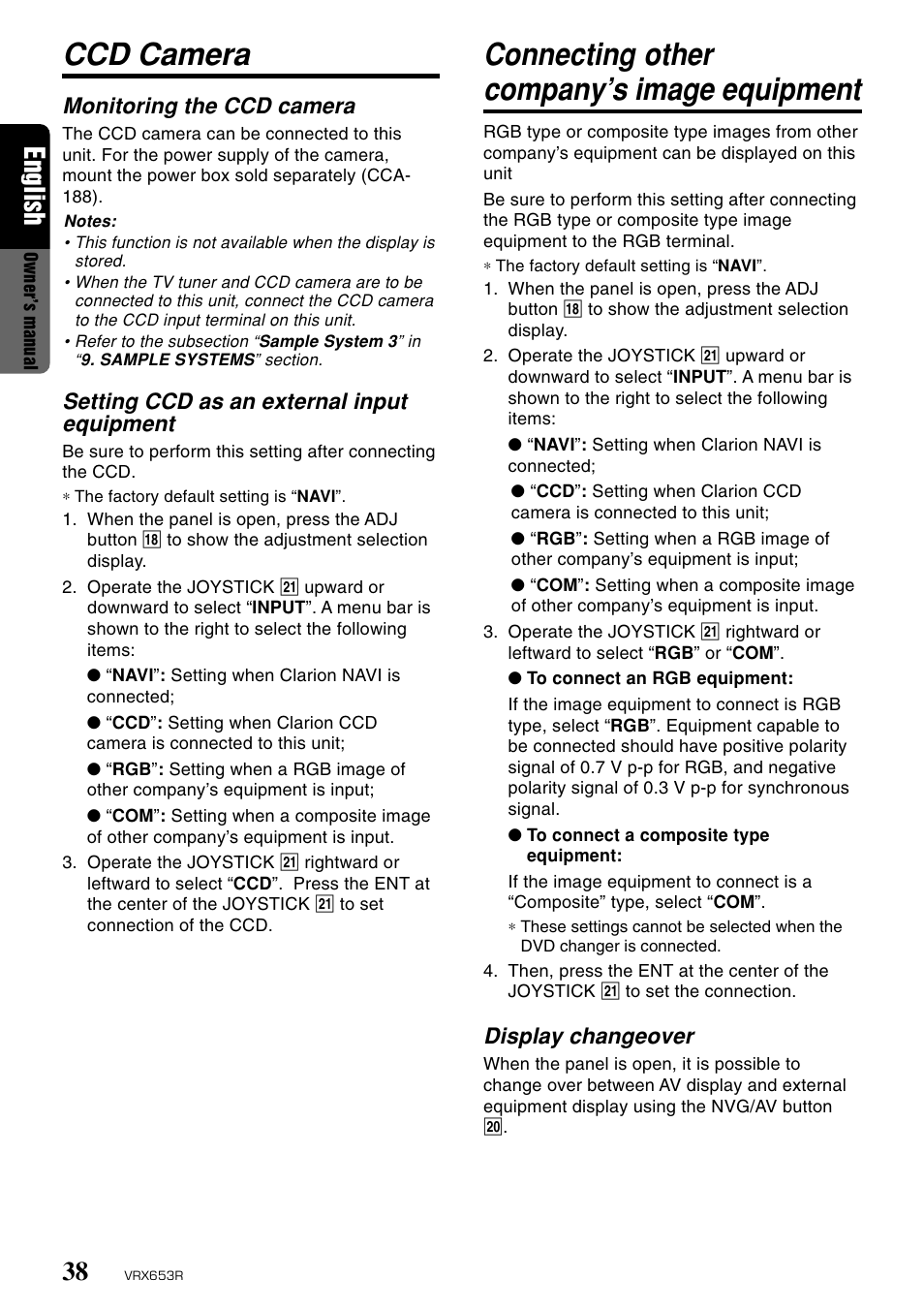 Ccd camera, Connecting other company’s image equipment, English | Display changeover, Monitoring the ccd camera, Setting ccd as an external input equipment | Clarion VRX653R User Manual | Page 36 / 53