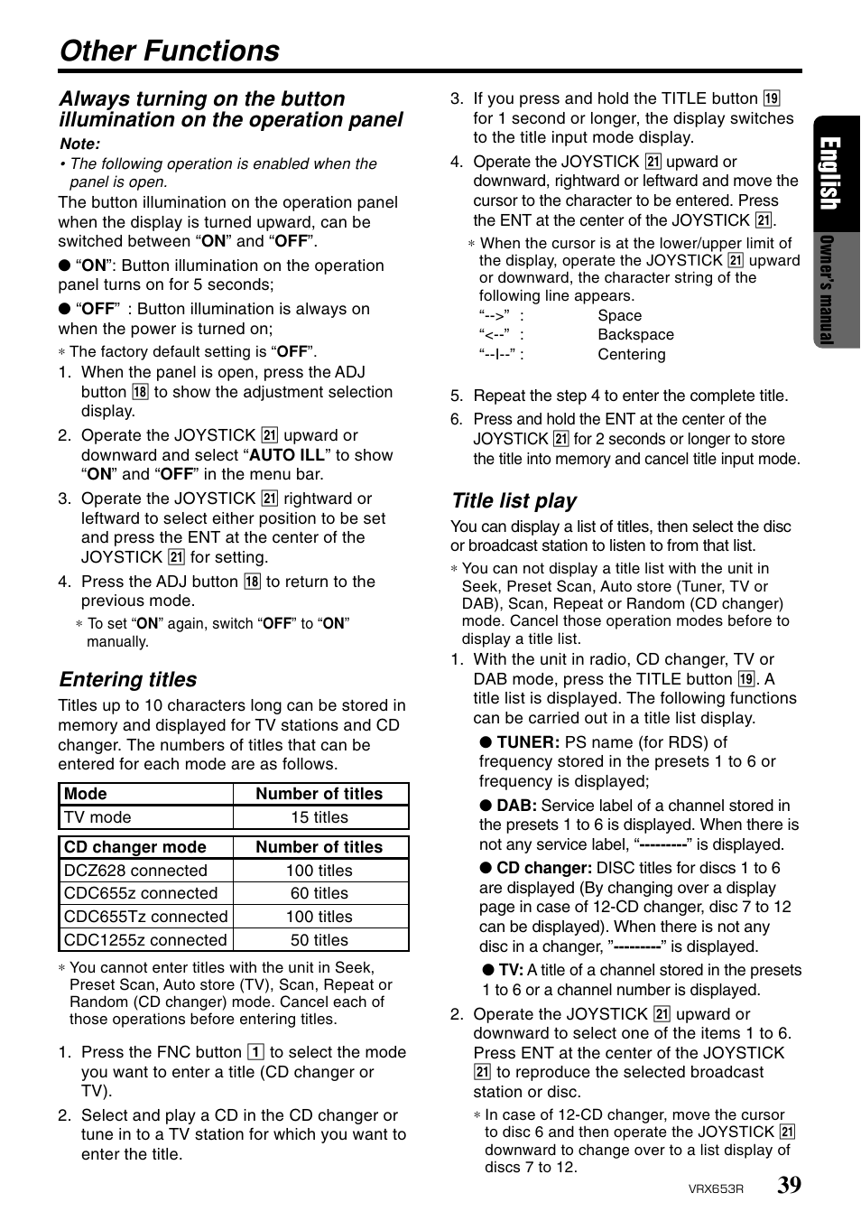 Other functions, 39 english, Entering titles | Title list play | Clarion VRX653R User Manual | Page 37 / 53