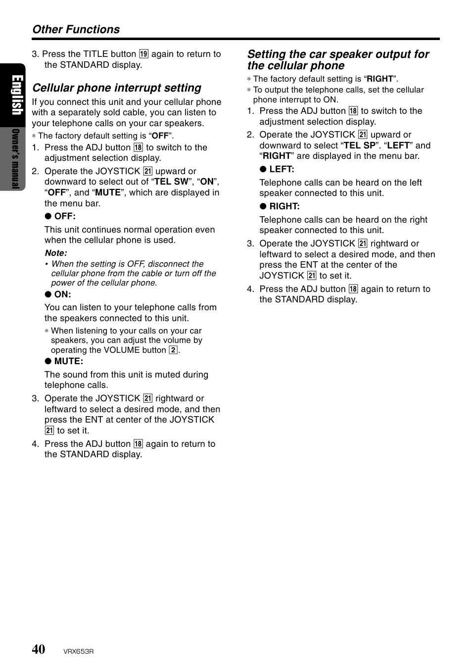English, Cellular phone interrupt setting | Clarion VRX653R User Manual | Page 38 / 53
