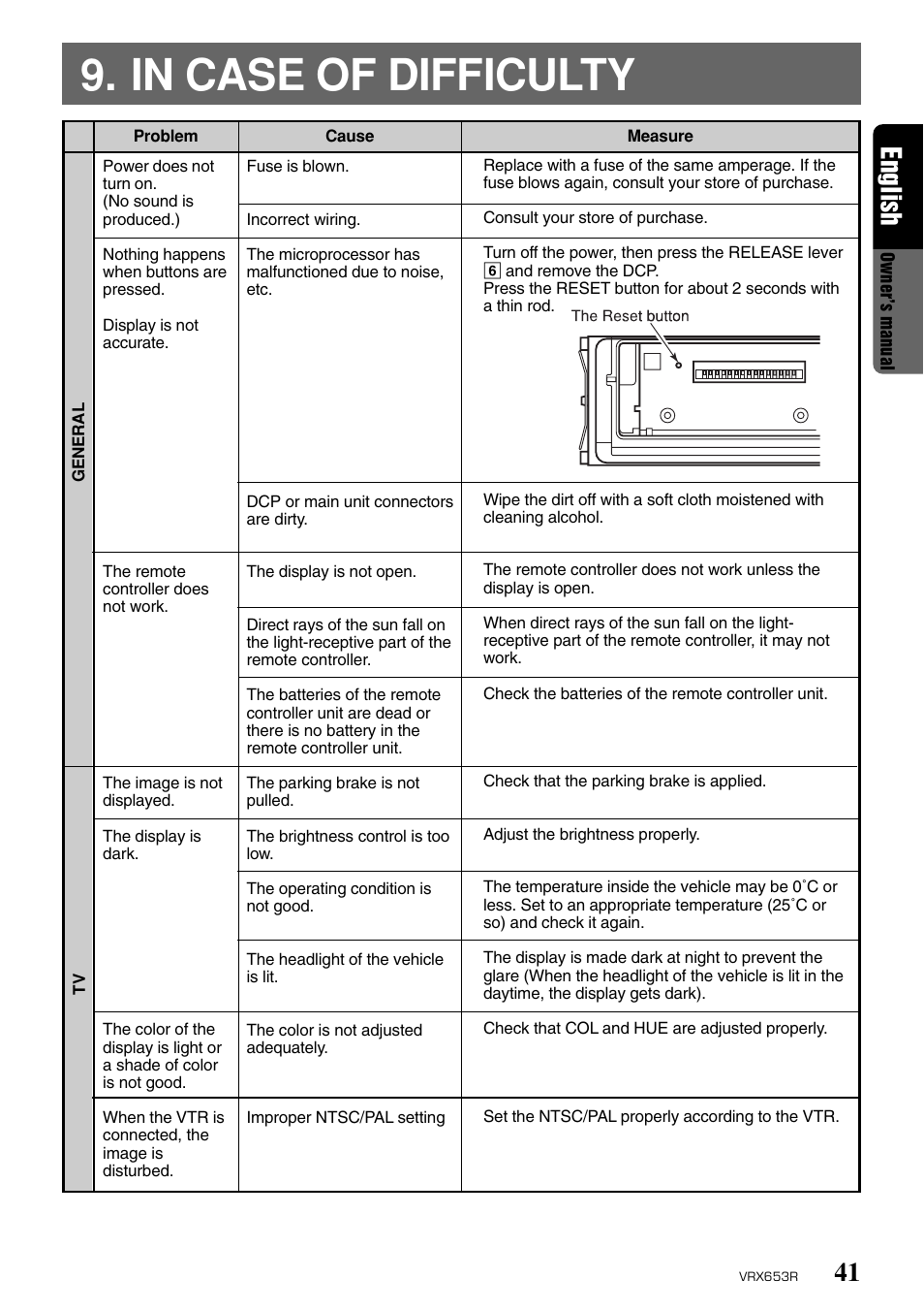 In case of difficulty, 41 english | Clarion VRX653R User Manual | Page 39 / 53