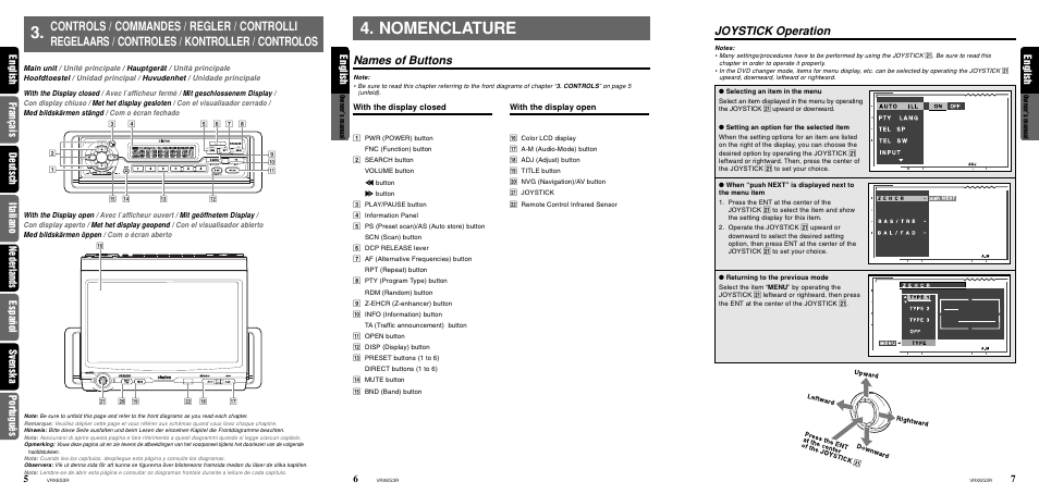 Controls, Nomenclature, Names of buttons | Joystick operation, English | Clarion VRX653R User Manual | Page 4 / 53