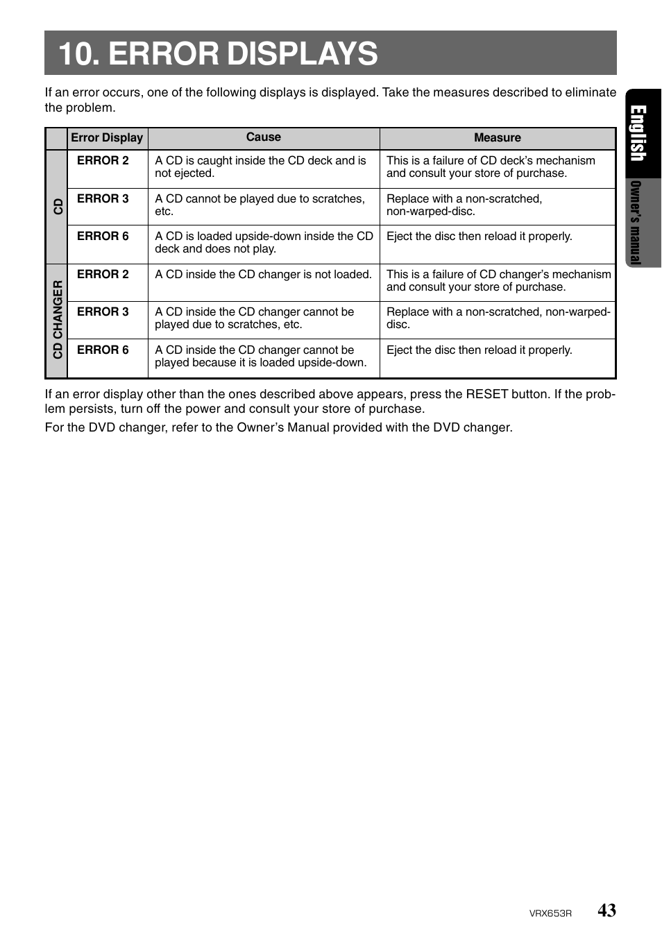 Error displays, 43 english | Clarion VRX653R User Manual | Page 41 / 53