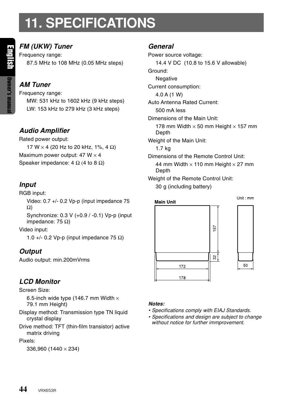 Specifications, English, Fm (ukw) tuner | Am tuner, Audio amplifier, Input, Output, Lcd monitor, General | Clarion VRX653R User Manual | Page 42 / 53