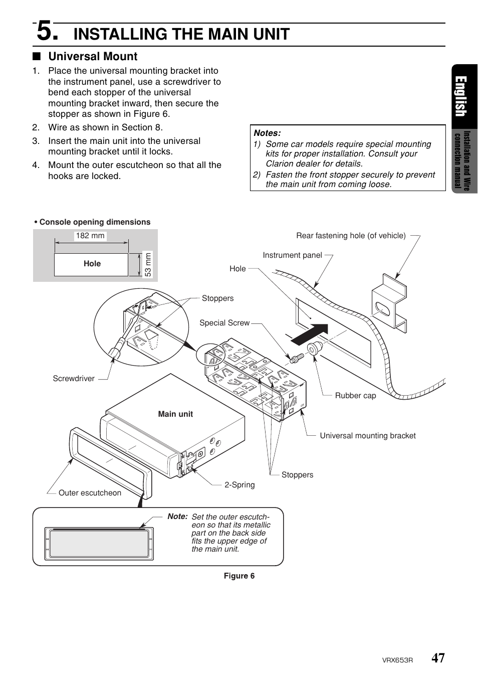 Installing the main unit, 47 english, Universal mount | Clarion VRX653R User Manual | Page 45 / 53