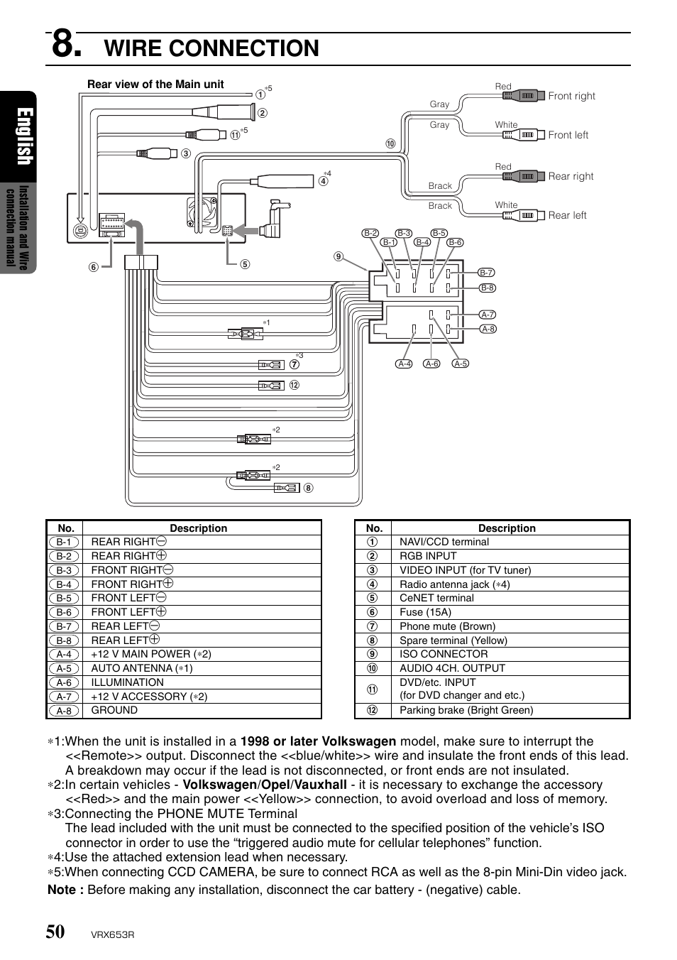 Wire connection, English | Clarion VRX653R User Manual | Page 48 / 53
