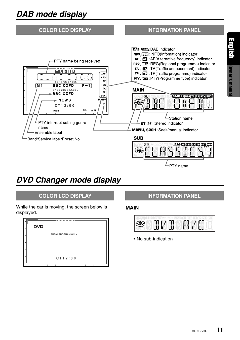 Dab mode display, Dvd changer mode display, 11 english | Clarion VRX653R User Manual | Page 9 / 53